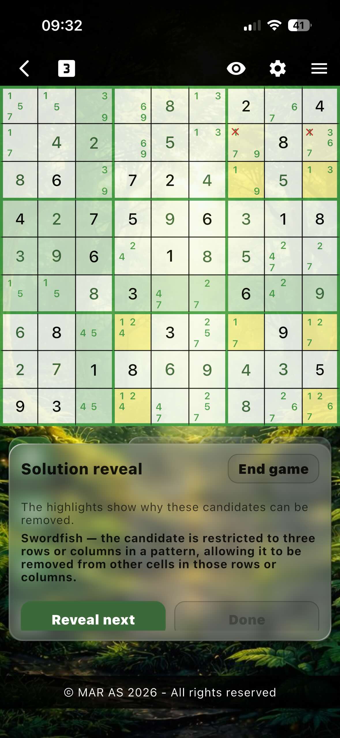 Screenshot from MarApp Sudoku Surrender feature - Swordfish