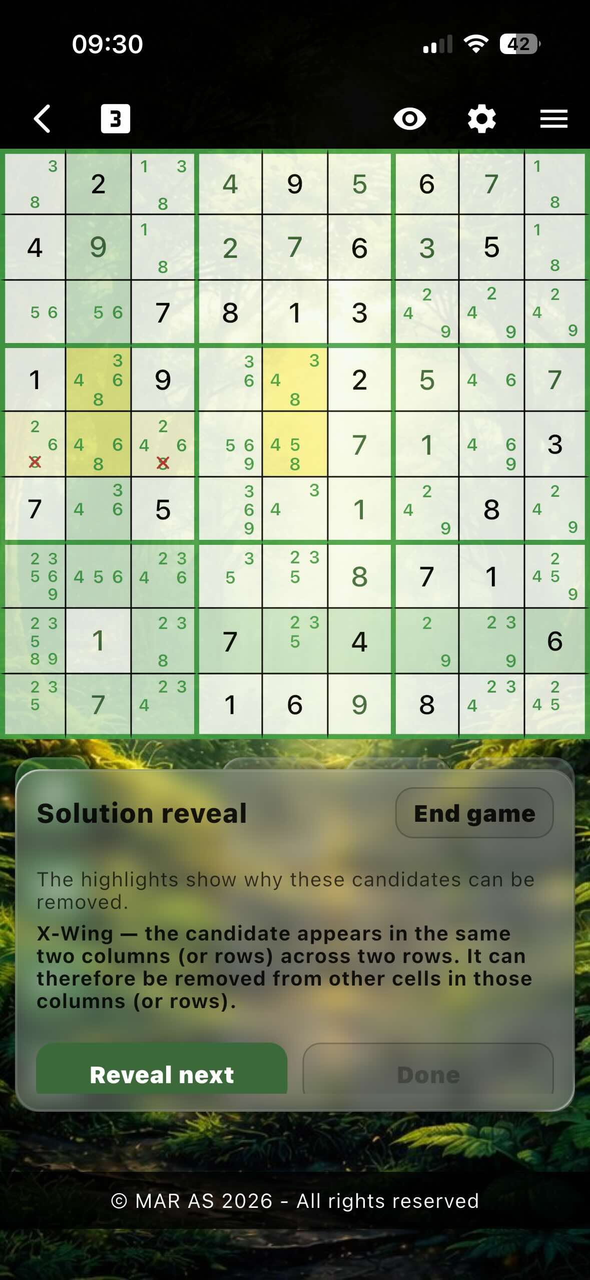 Screenshot from MarApp Sudoku Surrender feature - X-wing