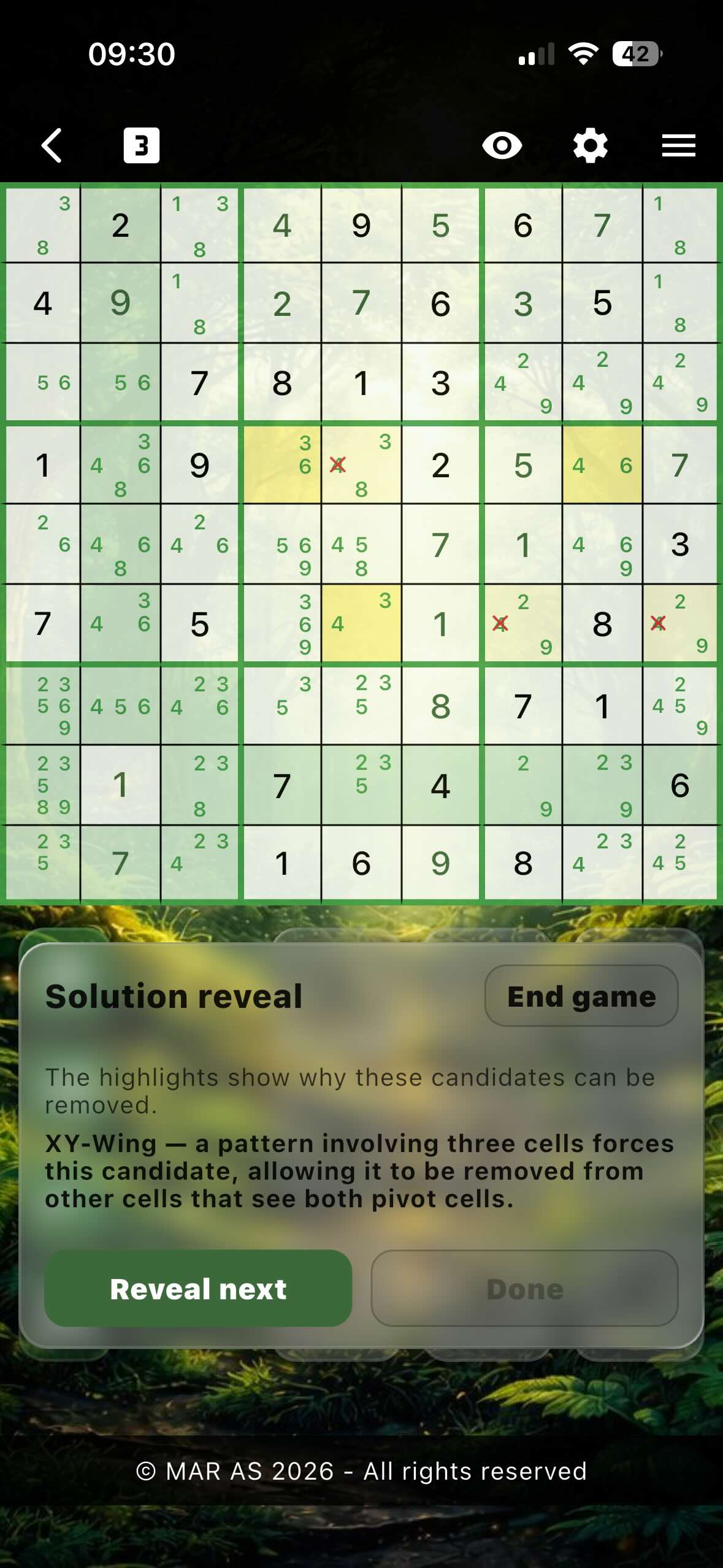 Screenshot from MarApp Sudoku Surrender feature - XY-wing